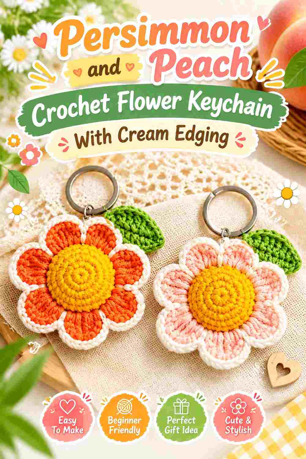 3. Persimmon And Peach Crochet Flower Keychain With Cream Edging