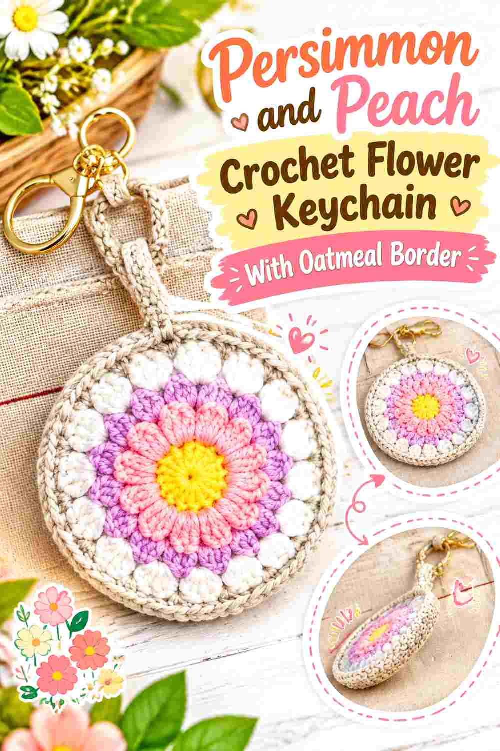 10. Persimmon And Peach Crochet Flower Keychain With Oatmeal Border
