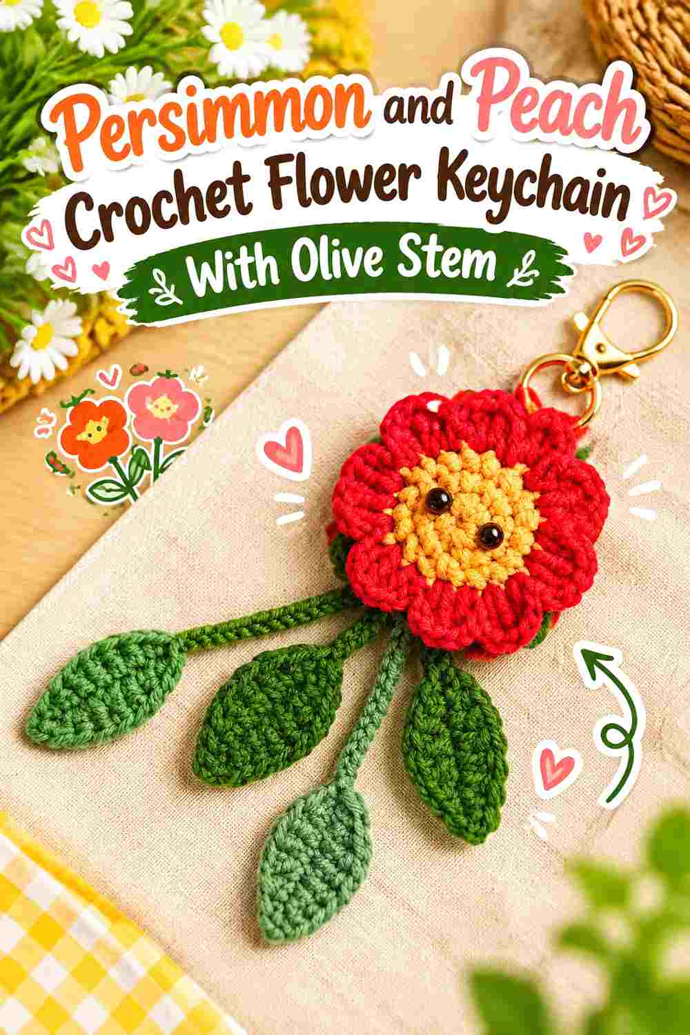 7. Persimmon And Peach Crochet Flower Keychain With Olive Stem