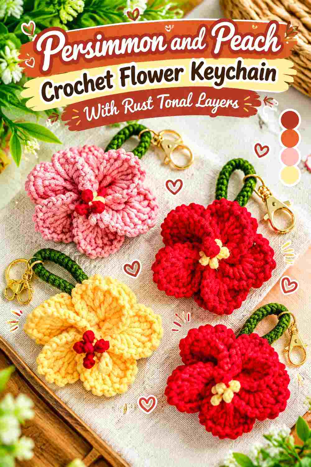 5. Persimmon And Peach Crochet Flower Keychain With Rust Tonal Layers
