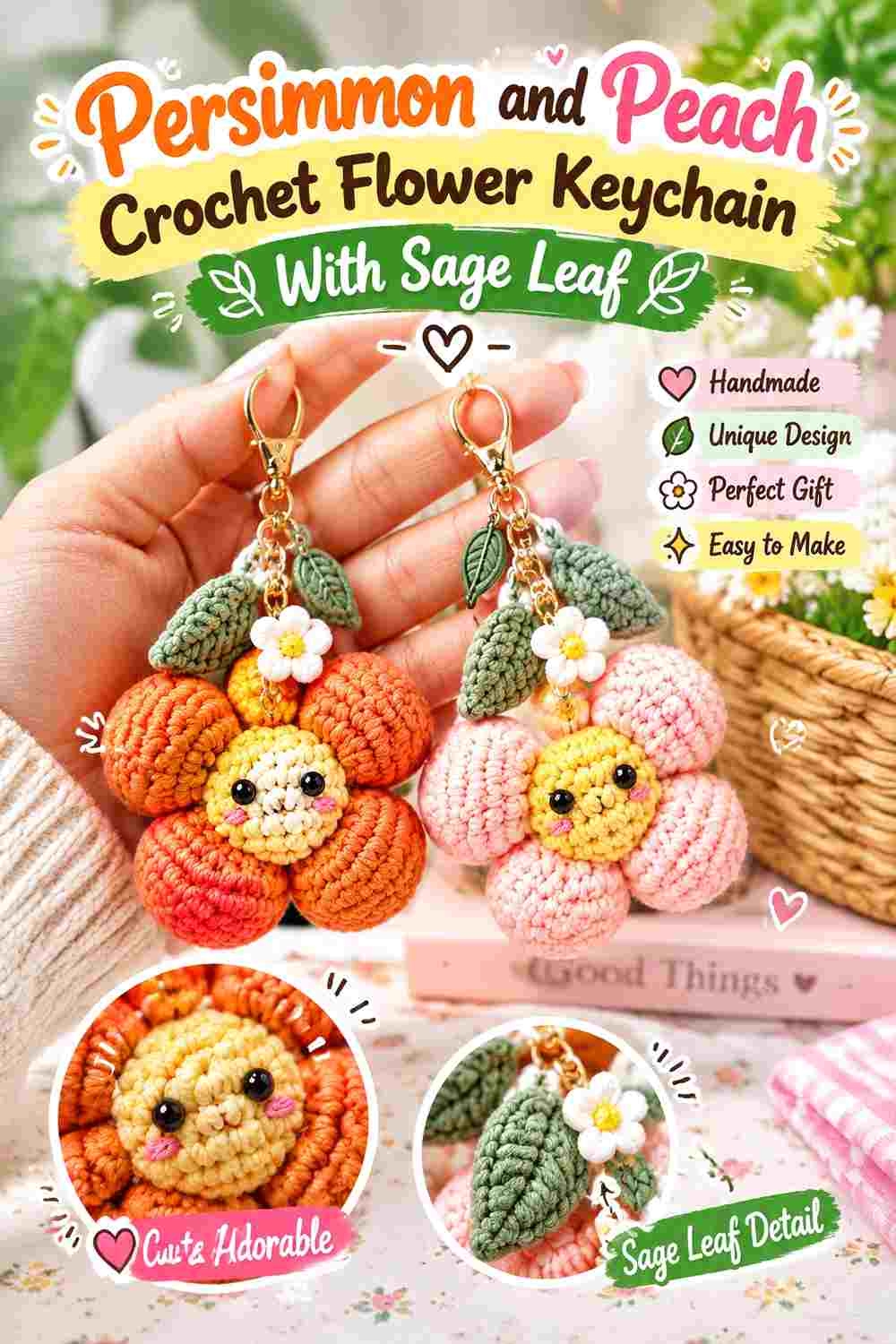 6. Persimmon And Peach Crochet Flower Keychain With Sage Leaf