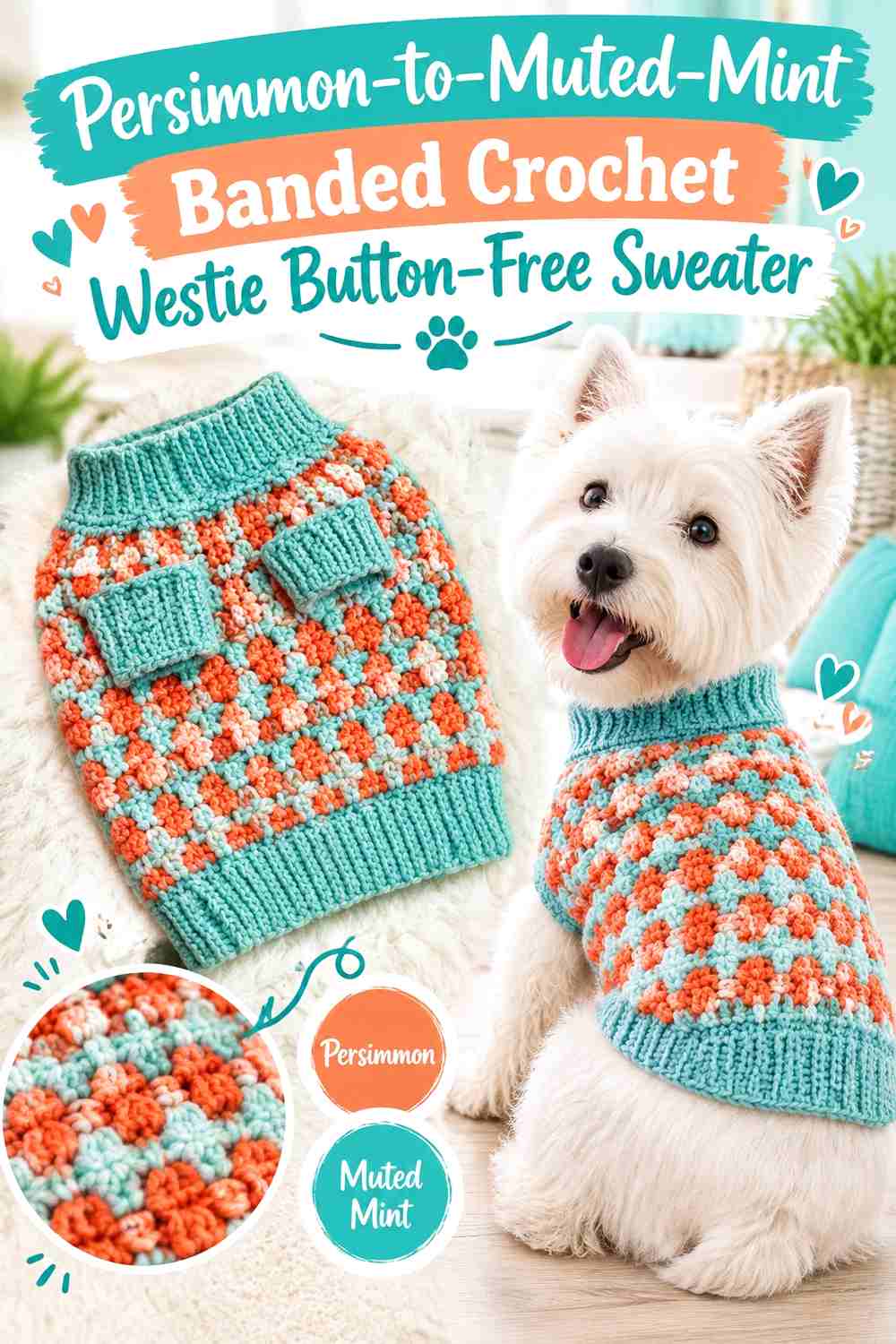 Persimmon-to-Muted-Mint Banded Crochet Westie Button-Free Sweater