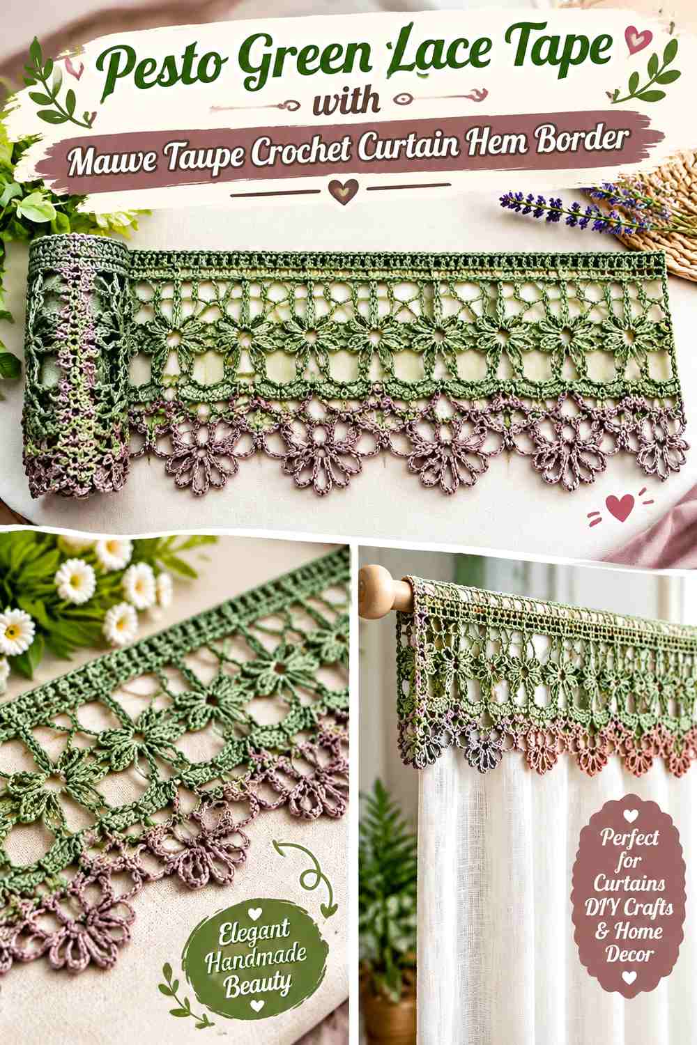 Pesto Green Lace Tape with Mauve Taupe Crochet Curtain Hem Border