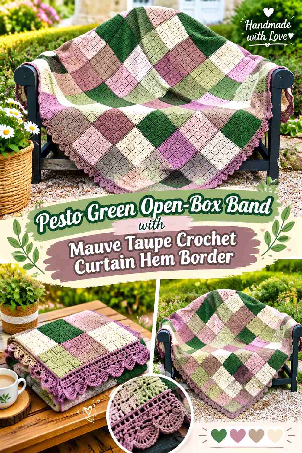 Pesto Green Open-Box Band with Mauve Taupe Crochet Curtain Hem Border