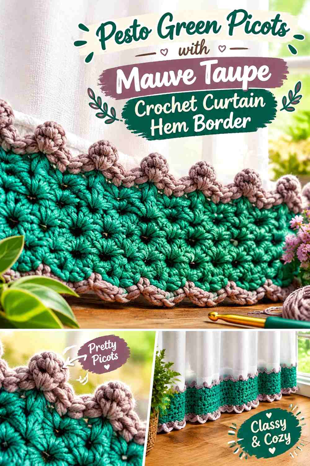 Pesto Green Picots with Mauve Taupe Crochet Curtain Hem Border