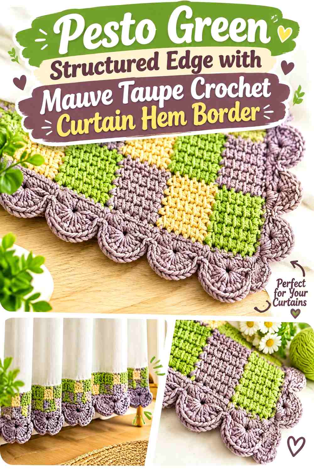 Pesto Green Structured Edge with Mauve Taupe Crochet Curtain Hem Border