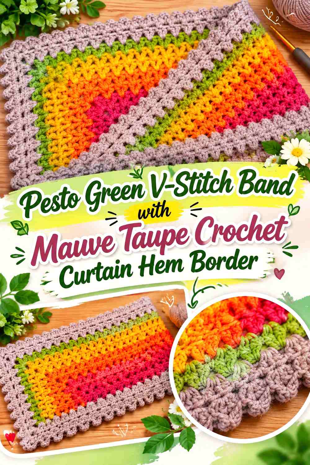 Pesto Green V-Stitch Band with Mauve Taupe Crochet Curtain Hem Border