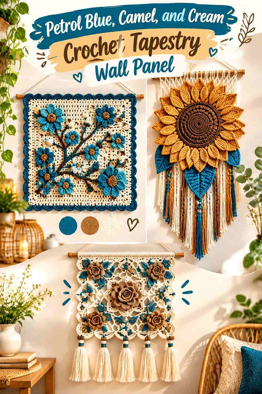 Petrol Blue, Camel, and Cream Crochet Tapestry Wall Panel