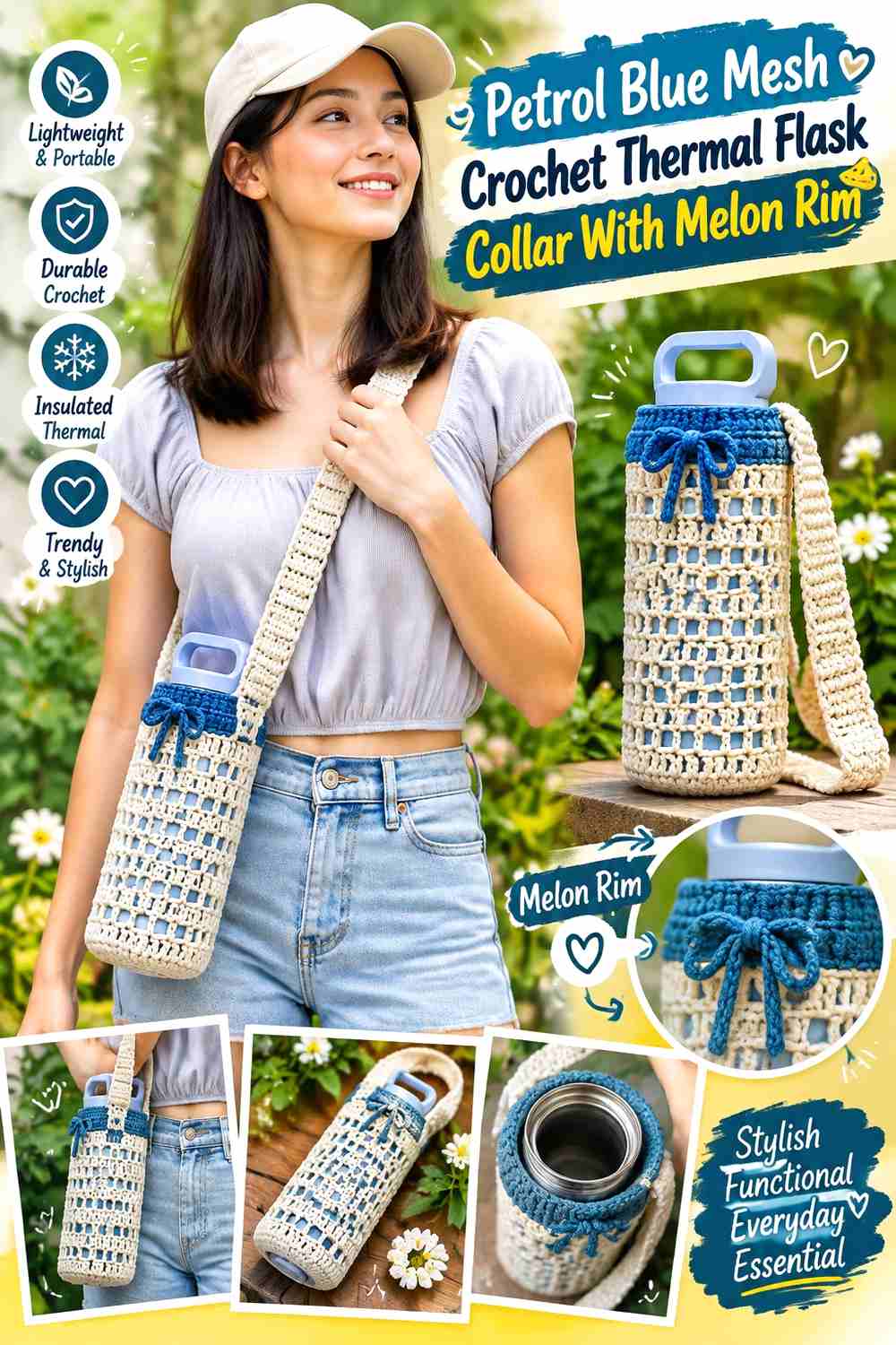 3. Petrol Blue Mesh Crochet Thermal Flask Collar With Melon Rim