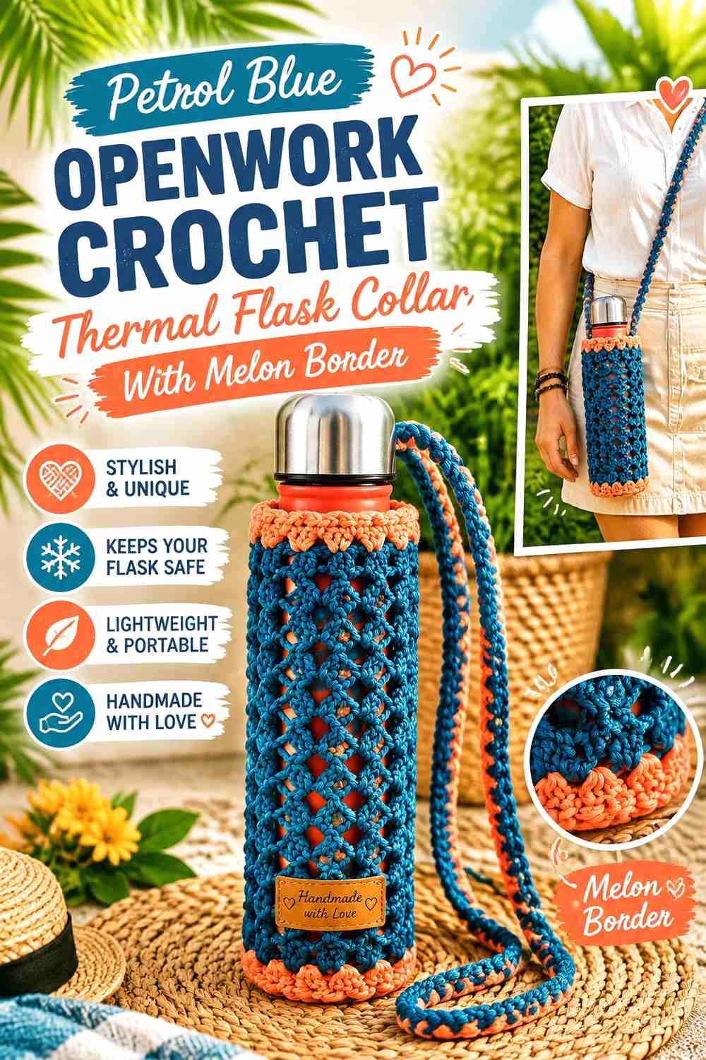 13. Petrol Blue Openwork Crochet Thermal Flask Collar With Melon Border