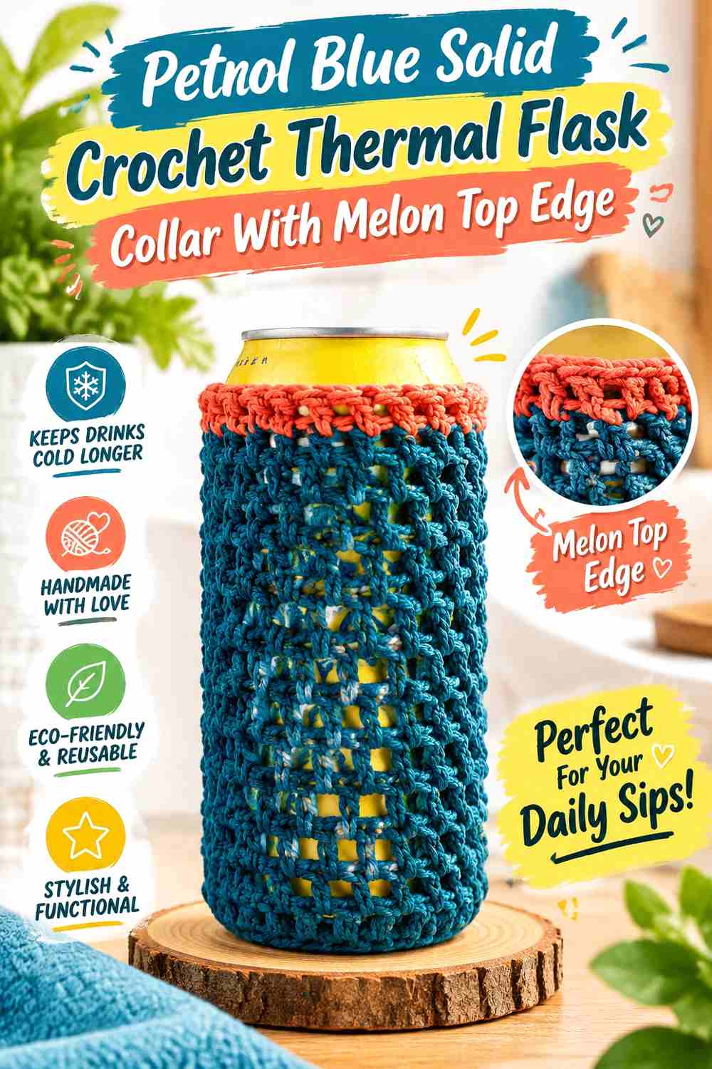 7. Petrol Blue Solid Crochet Thermal Flask Collar With Melon Top Edge