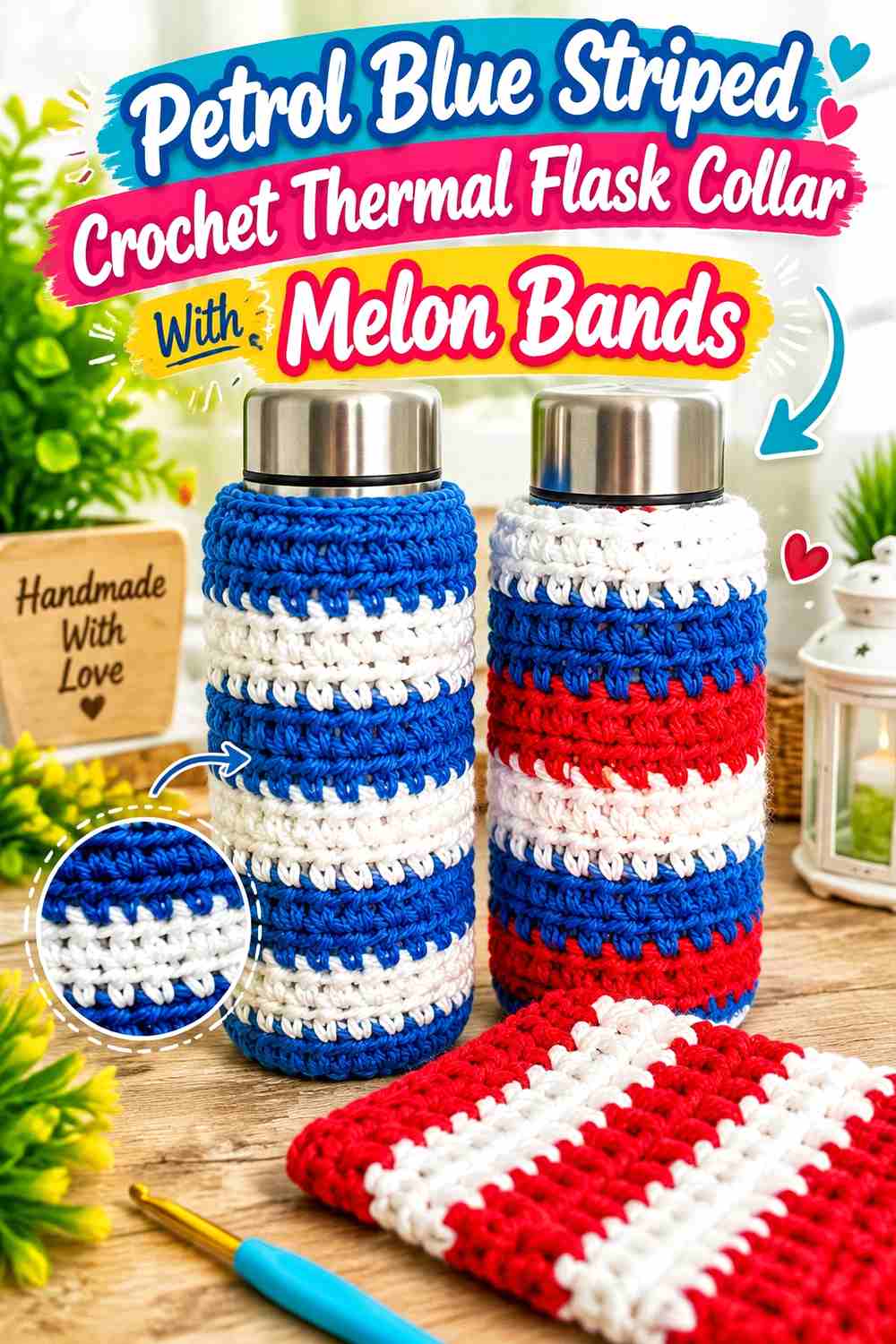 5. Petrol Blue Striped Crochet Thermal Flask Collar With Melon Bands