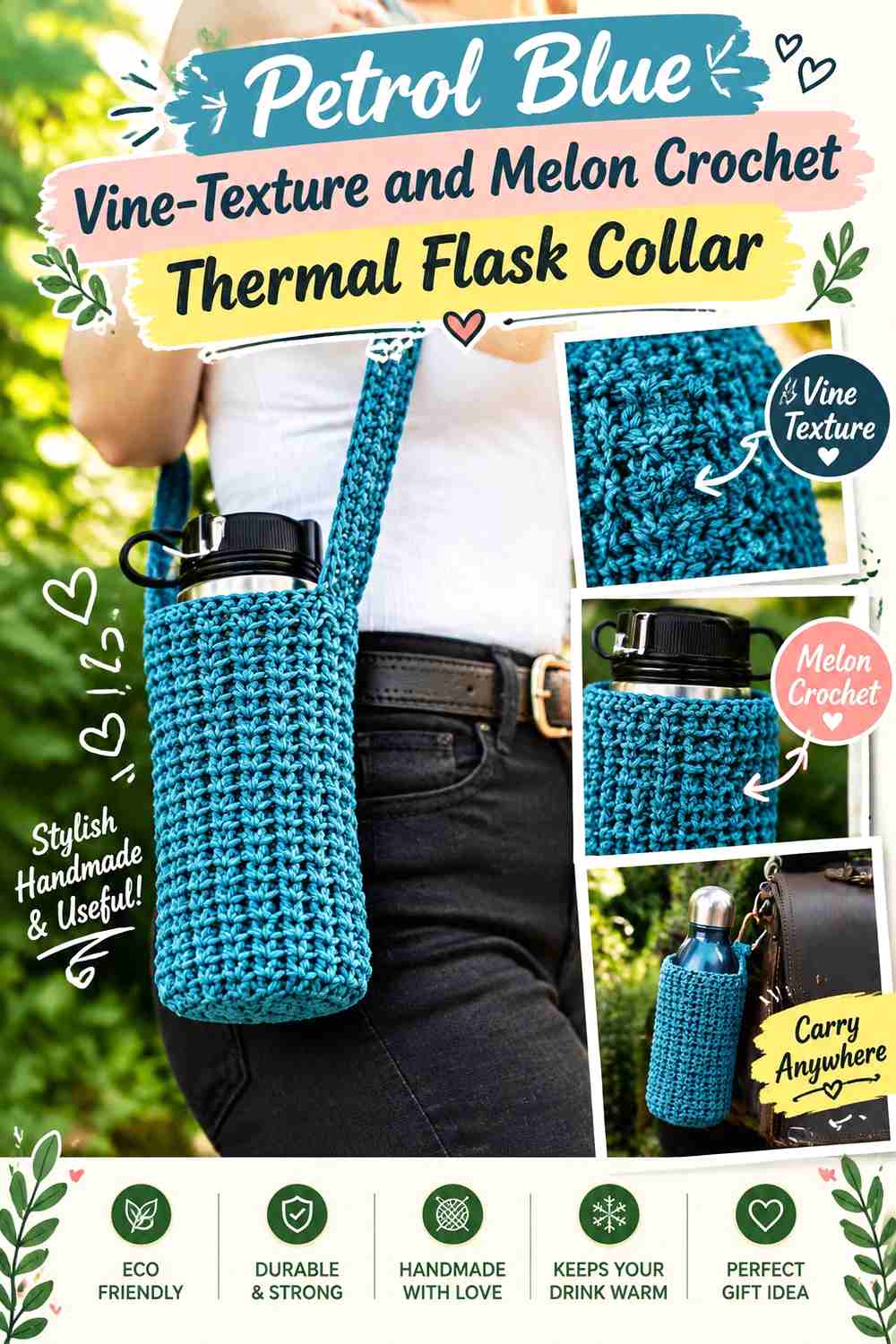 15. Petrol Blue Vine Texture And Melon Crochet Thermal Flask Collar
