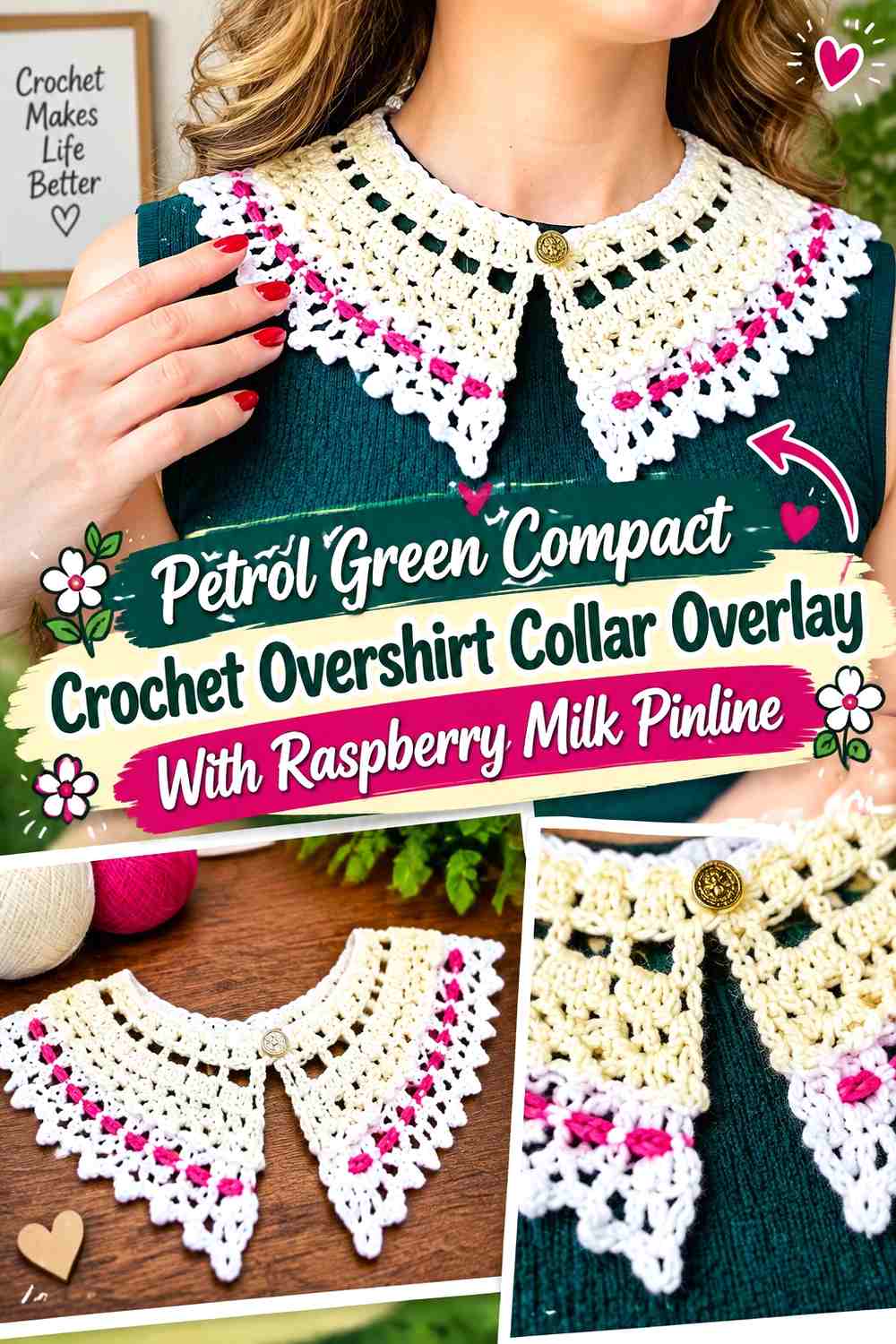 Petrol Green Compact Crochet Overshirt Collar Overlay With Raspberry Milk Pinline