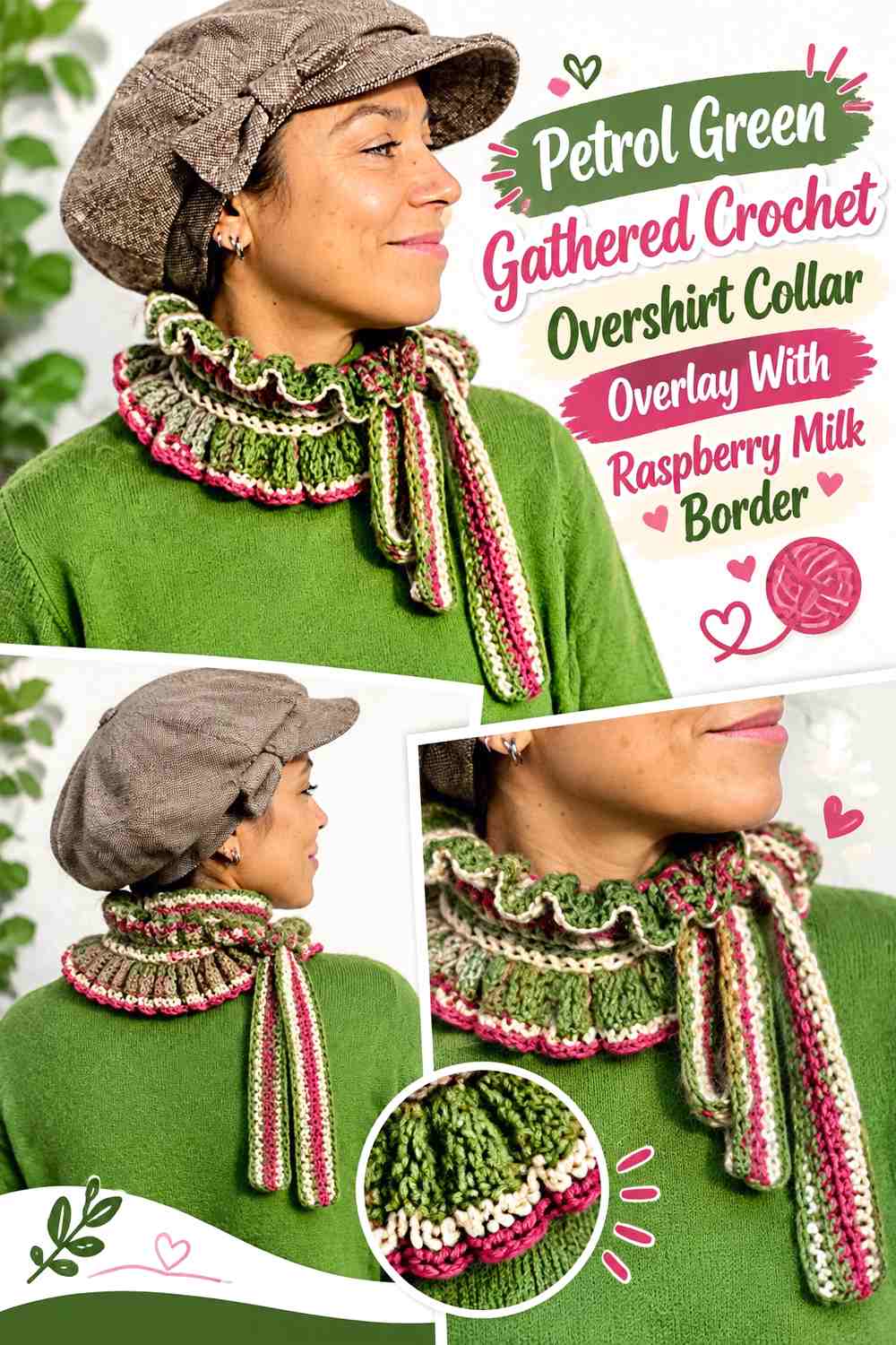 Petrol Green Gathered Crochet Overshirt Collar Overlay With Raspberry Milk Border
