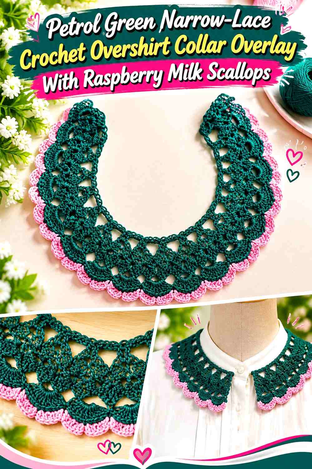 Petrol Green Narrow-Lace Crochet Overshirt Collar Overlay With Raspberry Milk Scallops