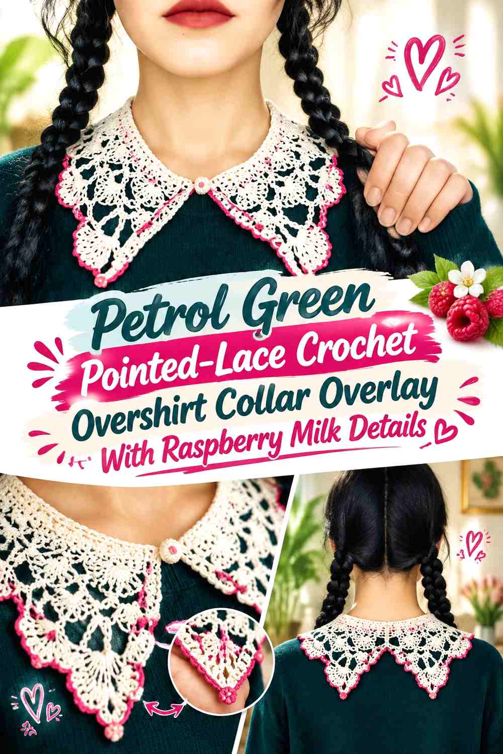 Petrol Green Pointed-Lace Crochet Overshirt Collar Overlay With Raspberry Milk Details