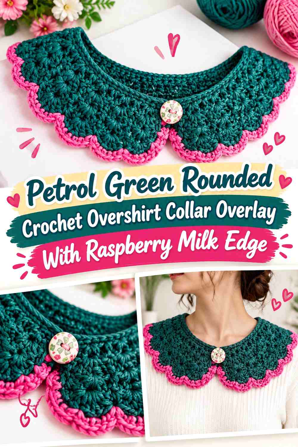 Petrol Green Rounded Crochet Overshirt Collar Overlay With Raspberry Milk Edge