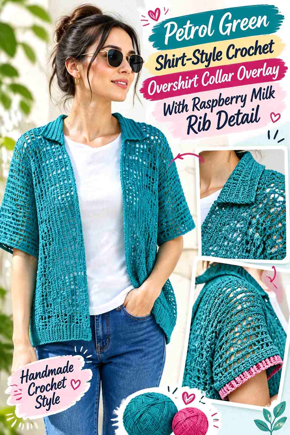 Petrol Green Shirt-Style Crochet Overshirt Collar Overlay With Raspberry Milk Rib Detail