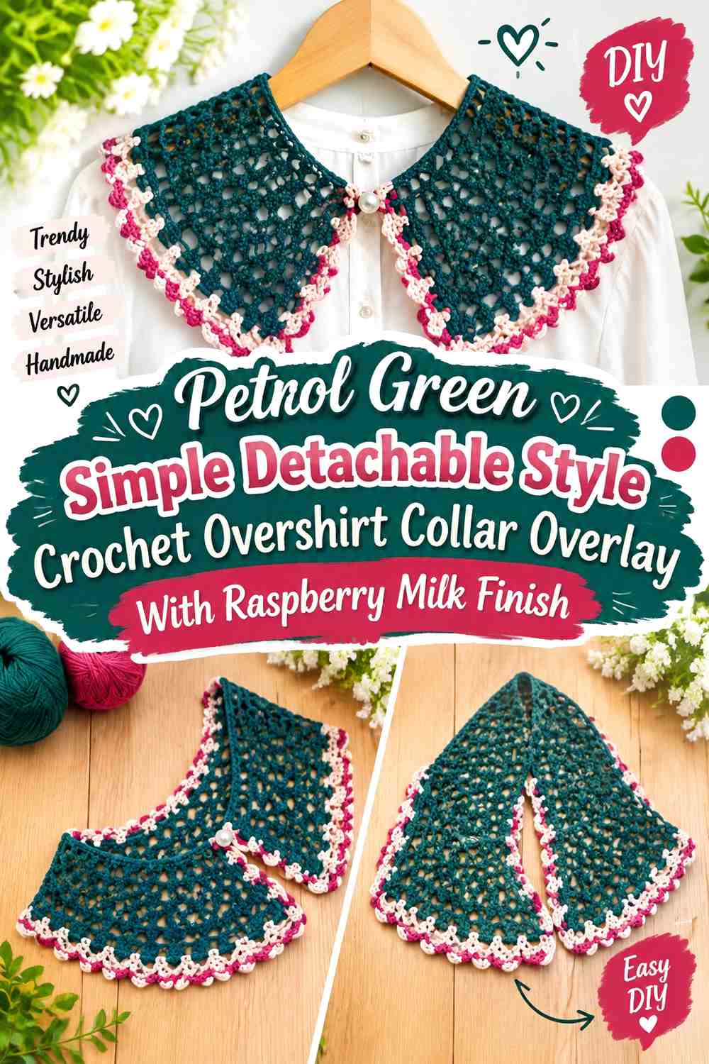 Petrol Green Simple Detachable-Style Crochet Overshirt Collar Overlay With Raspberry Milk Finish