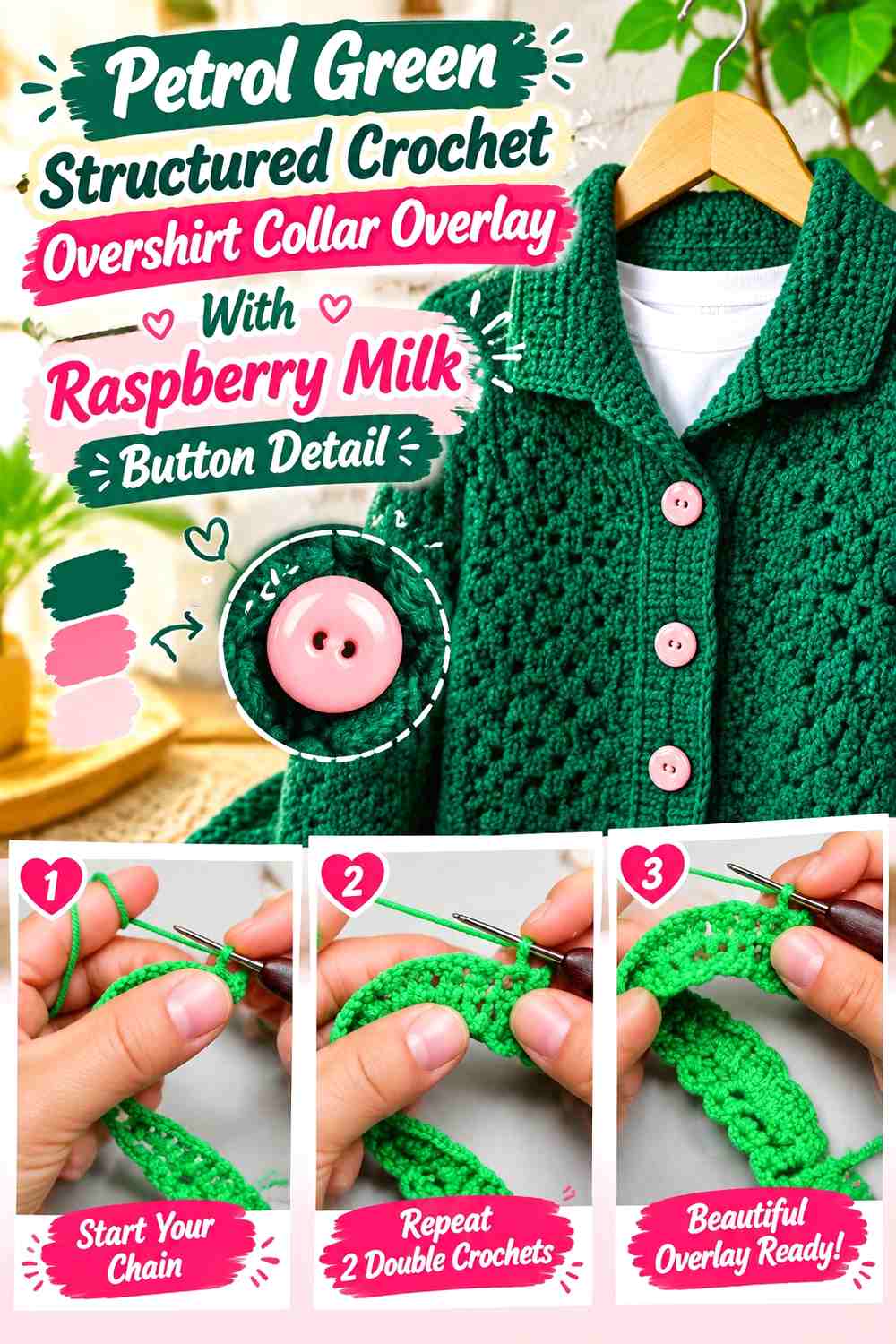 Petrol Green Structured Crochet Overshirt Collar Overlay With Raspberry Milk Button Detail