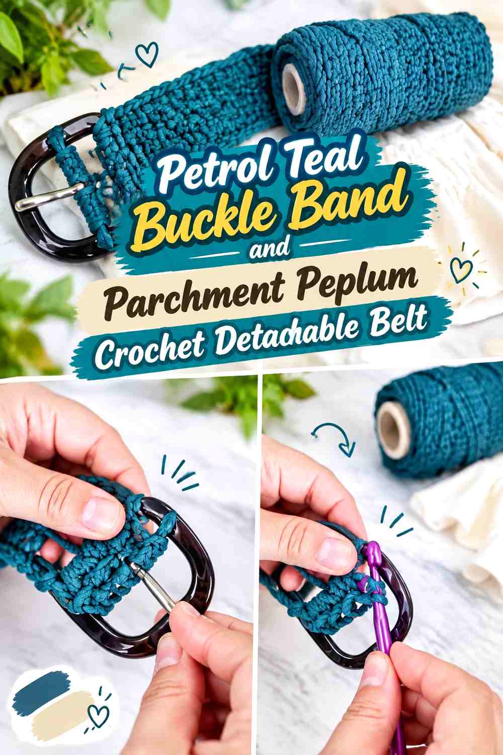 7. Petrol Teal Buckle Band And Parchment Peplum Crochet Detachable Belt