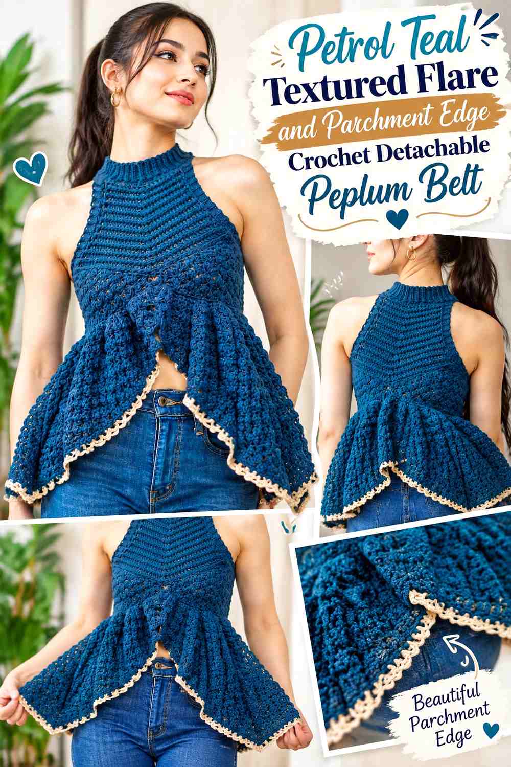 17. Petrol Teal Textured Flare And Parchment Edge Crochet Detachable Peplum Belt