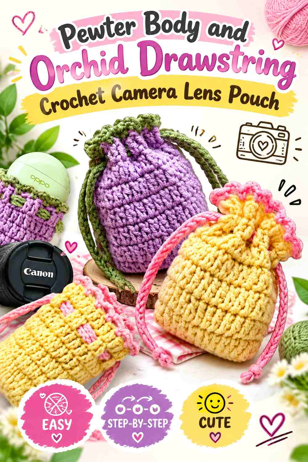 2. Pewter Body And Orchid Drawstring Crochet Camera Lens Pouch