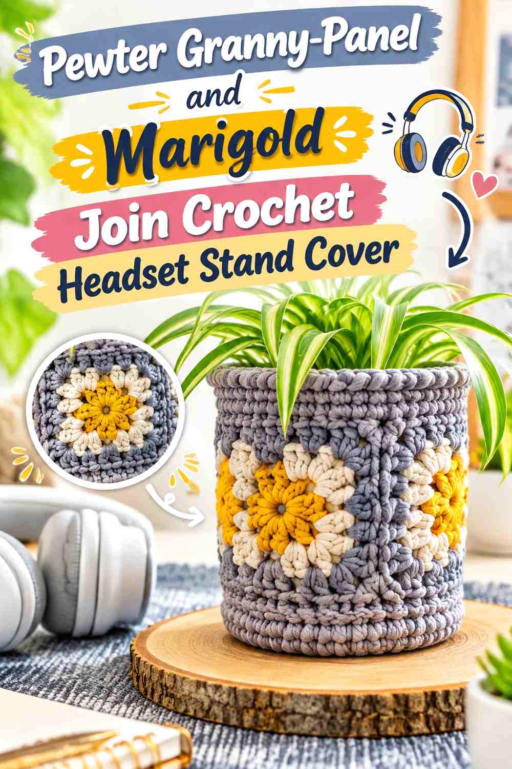2. Pewter Granny Panel And Marigold Join Crochet Headset Stand Cover