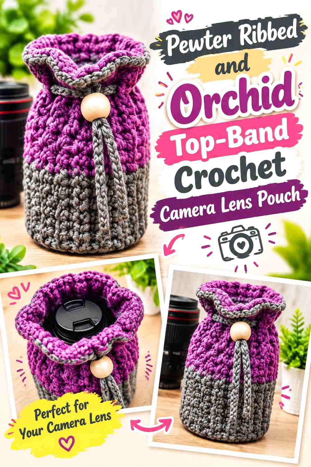 4. Pewter Ribbed And Orchid Top Band Crochet Camera Lens Pouch