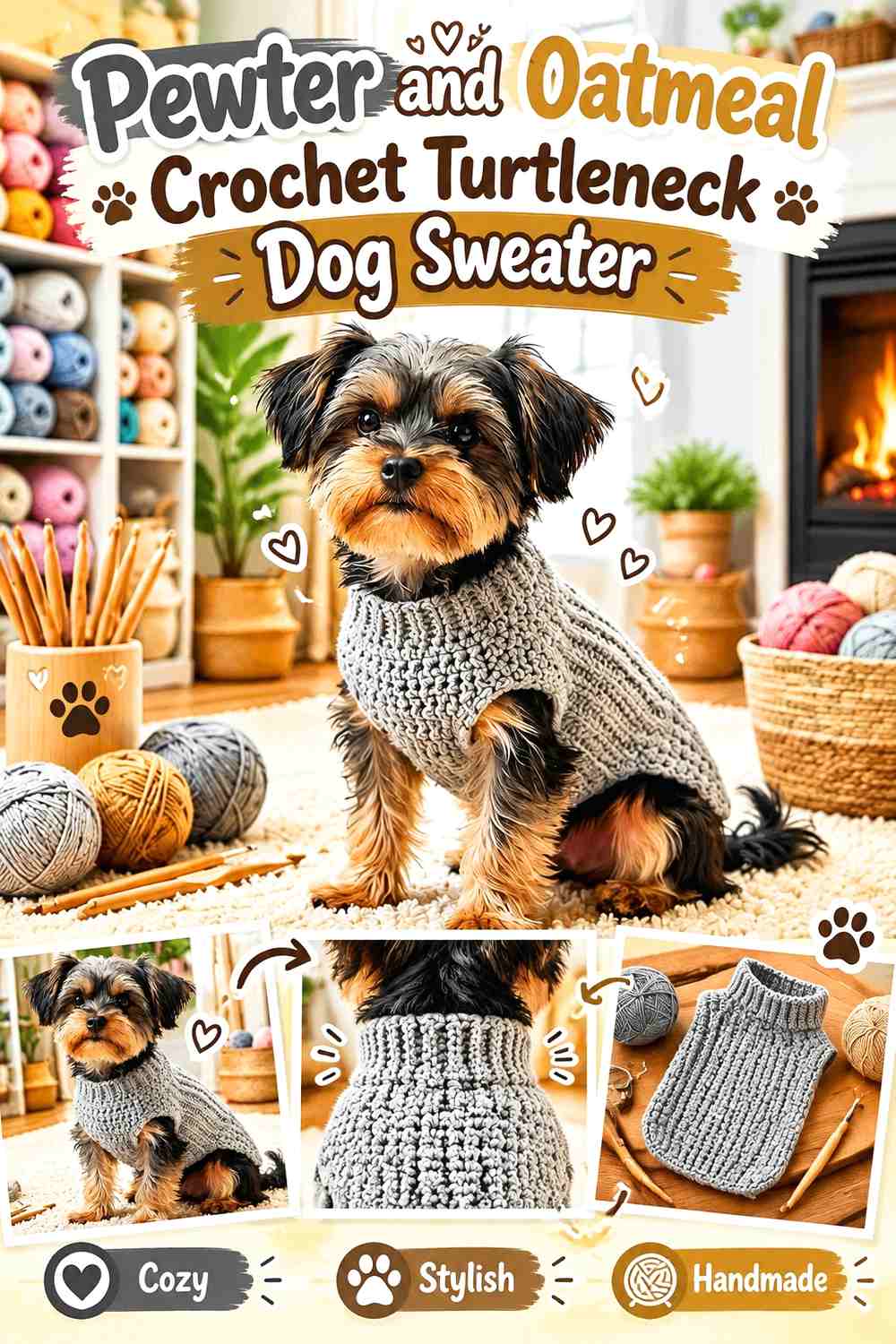 Pewter and Oatmeal Crochet Turtleneck Dog Sweater