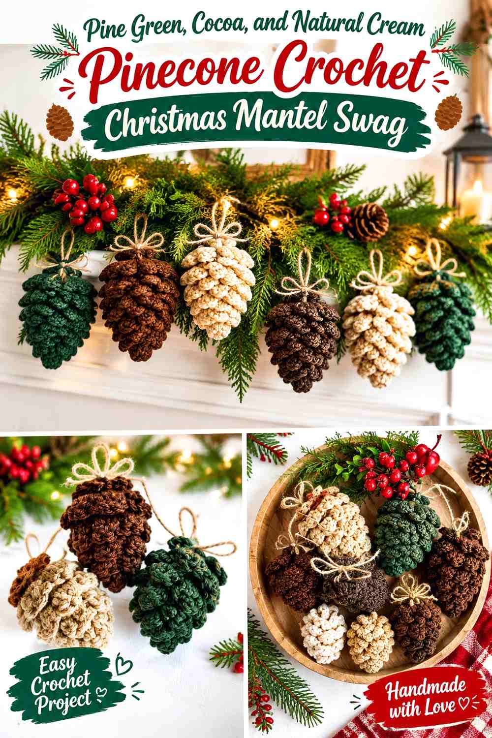 Pine Green, Cocoa, and Natural Cream Pinecone Crochet Christmas Mantel Swag