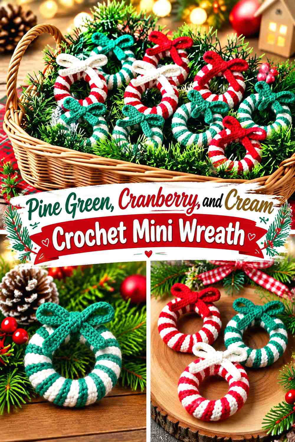 Pine Green, Cranberry, and Cream Crochet Mini Wreath