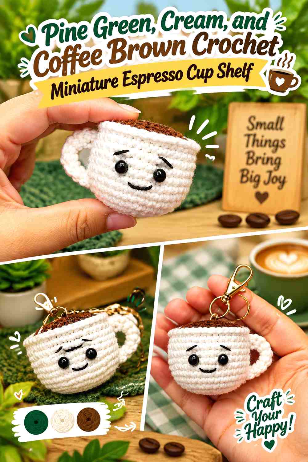 Pine Green, Cream, and Coffee Brown Crochet Miniature Espresso Cup Shelf