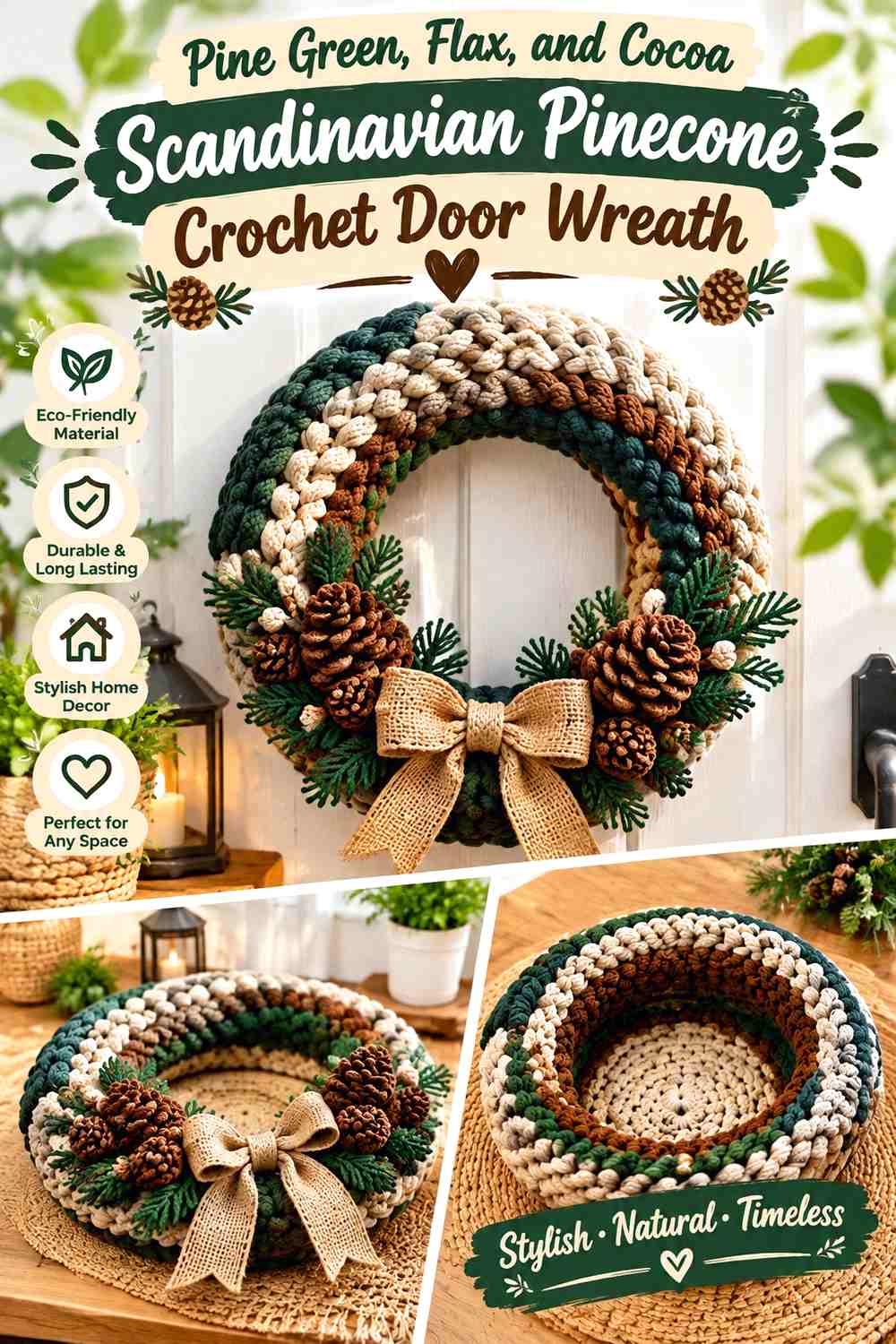 Pine Green, Flax, and Cocoa Scandinavian Pinecone Crochet Door Wreath
