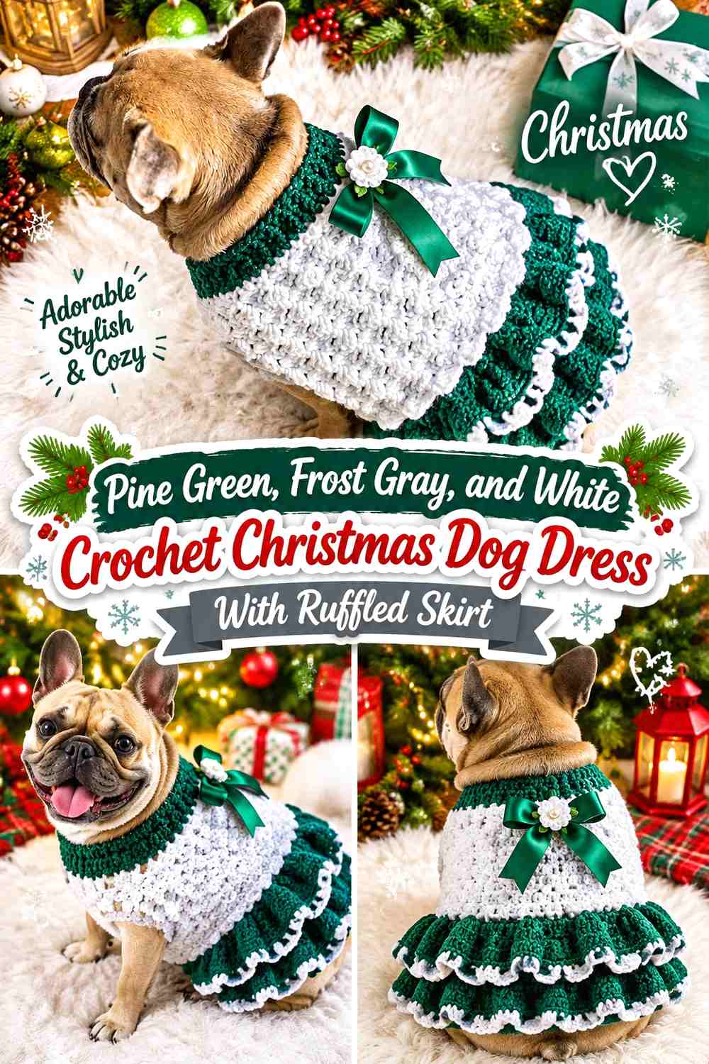 Pine Green, Frost Gray, and White Crochet Christmas Dog Dress With Ruffled Skirt