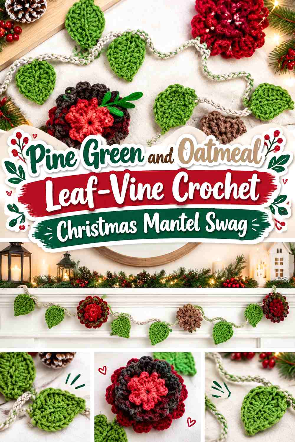Pine Green and Oatmeal Leaf-Vine Crochet Christmas Mantel Swag