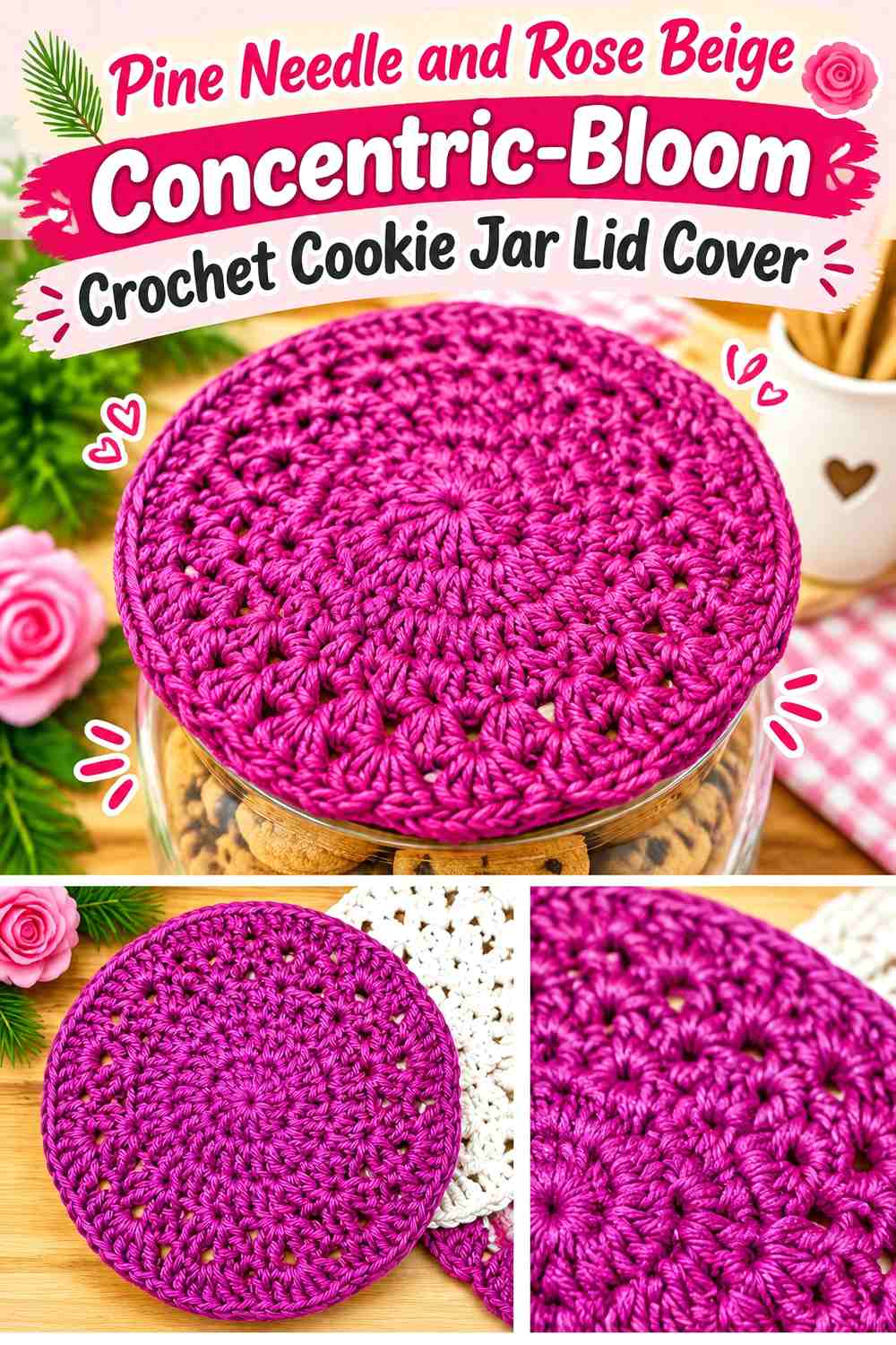 Pine Needle and Rose Beige Concentric Bloom Crochet Cookie Jar Lid Cover