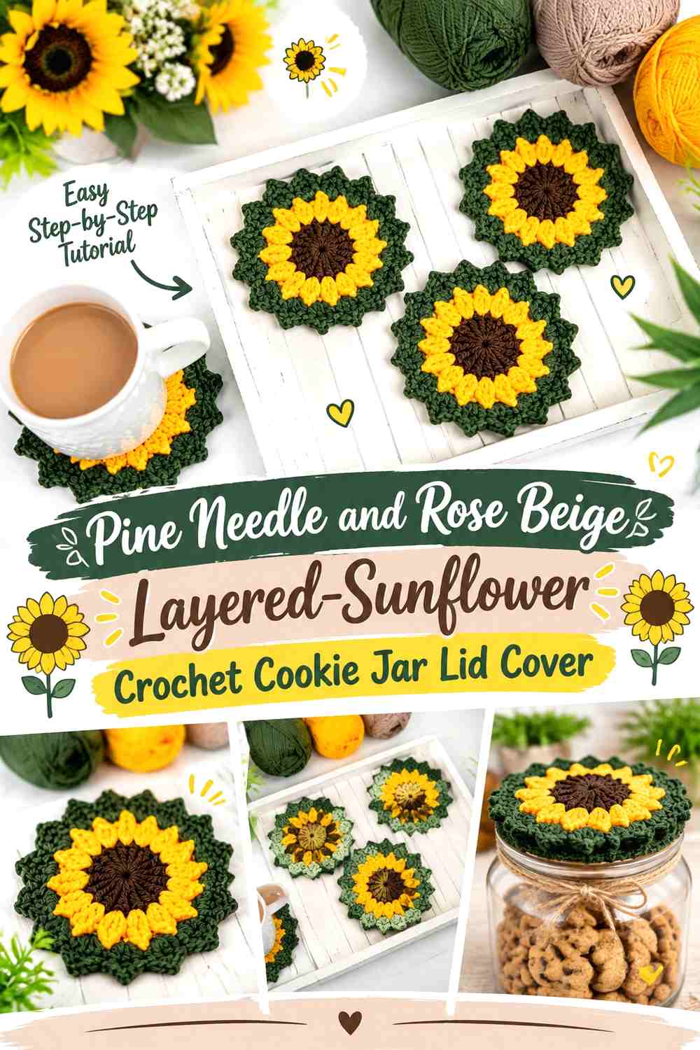 Pine Needle and Rose Beige Layered Sunflower Crochet Cookie Jar Lid Cover