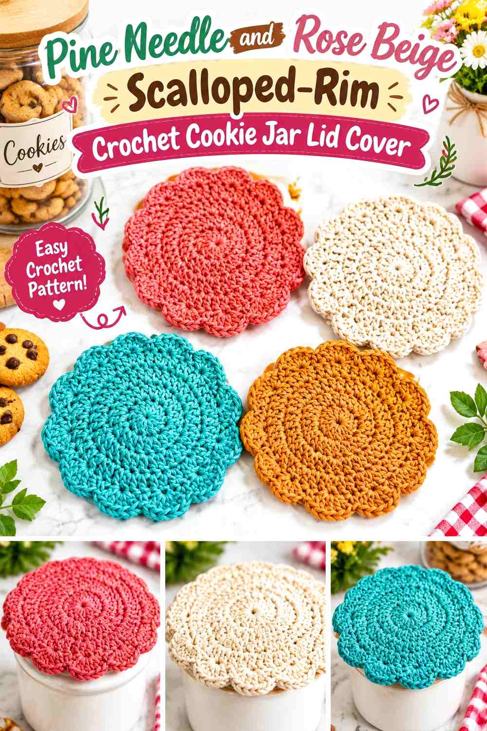 Pine Needle and Rose Beige Scalloped Rim Crochet Cookie Jar Lid Cover