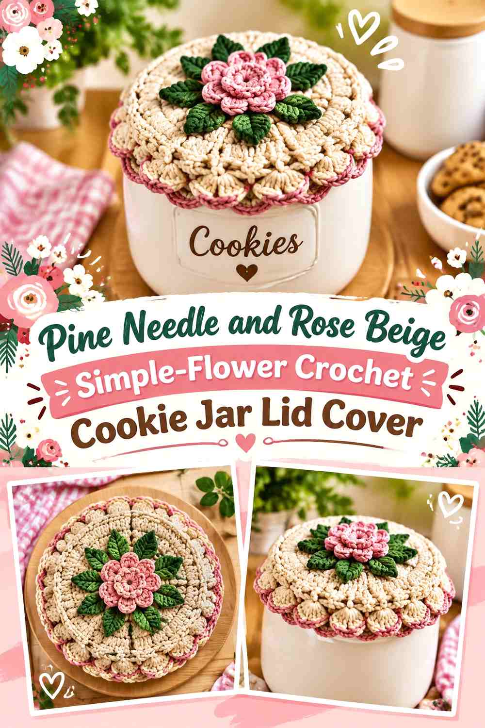 Pine Needle and Rose Beige Simple Flower Crochet Cookie Jar Lid Cover