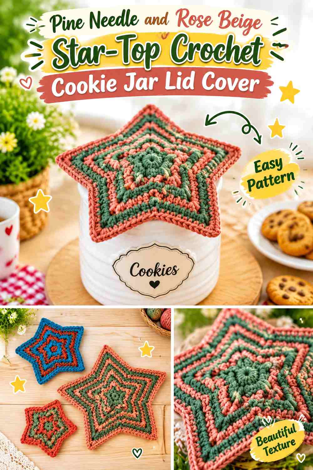 Pine Needle and Rose Beige Star Top Crochet Cookie Jar Lid Cover