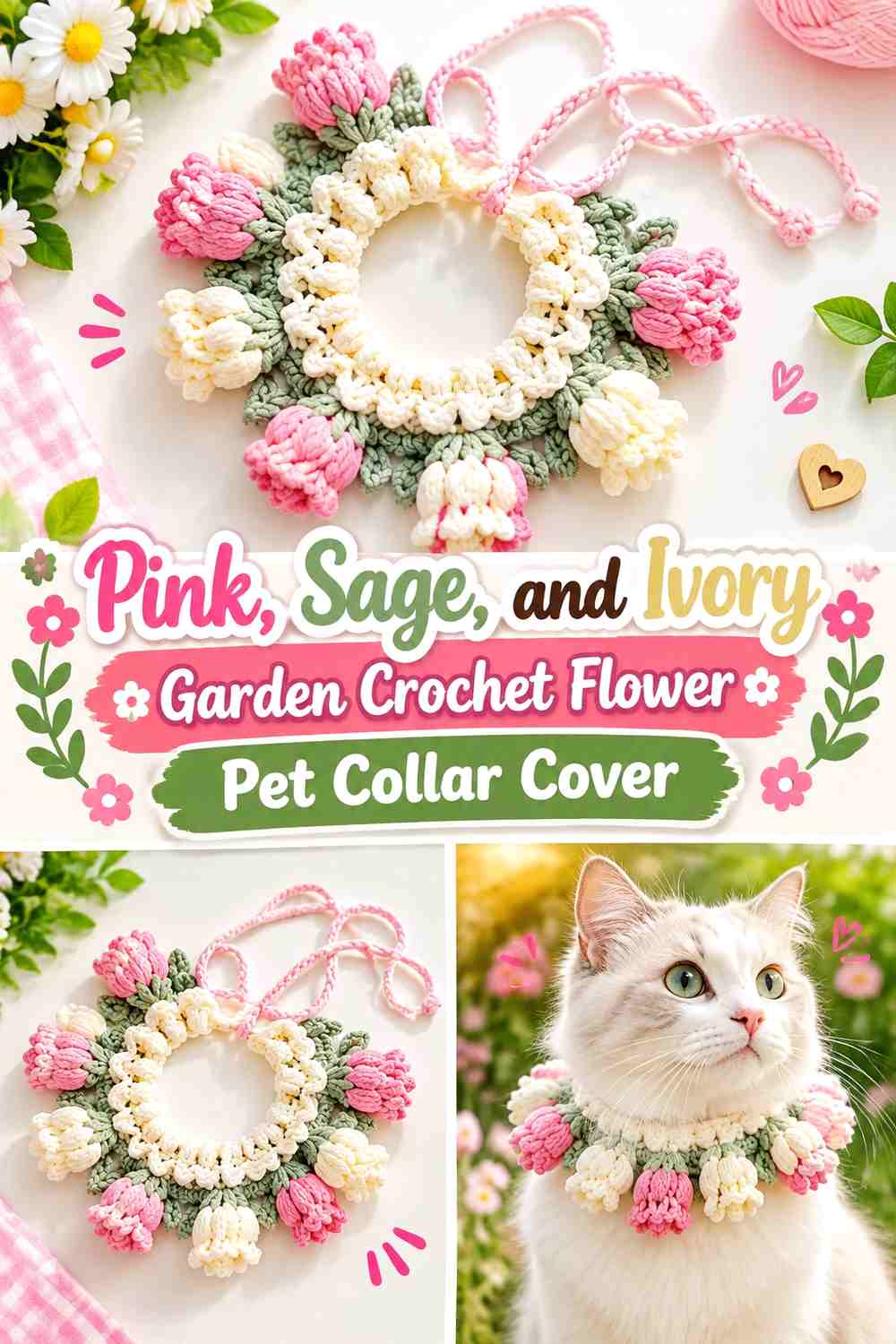 Pink, Sage, and Ivory Garden Crochet Flower Pet Collar Cover