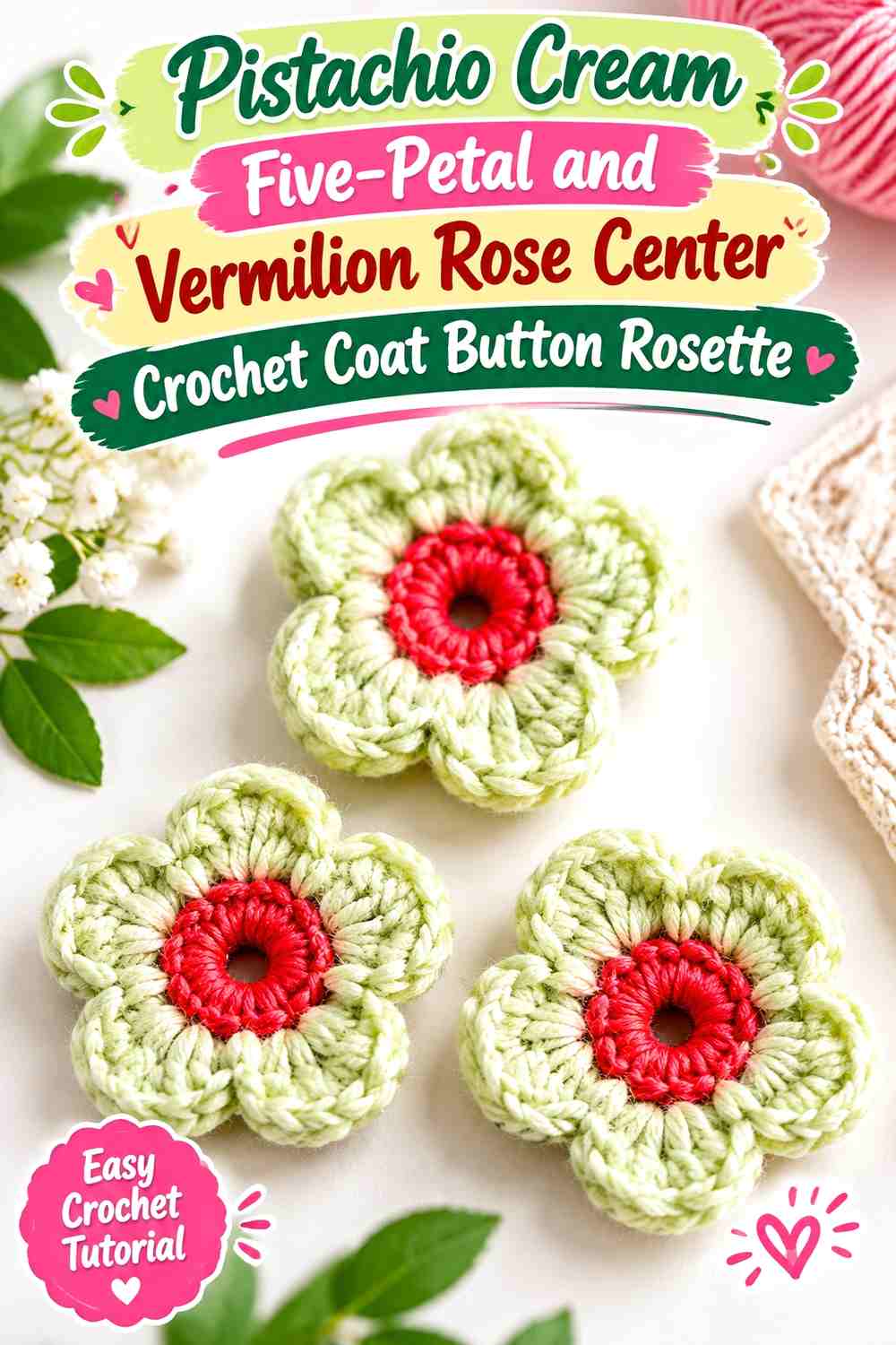 Pistachio Cream Five-Petal and Vermilion Rose Center Crochet Coat Button Rosette