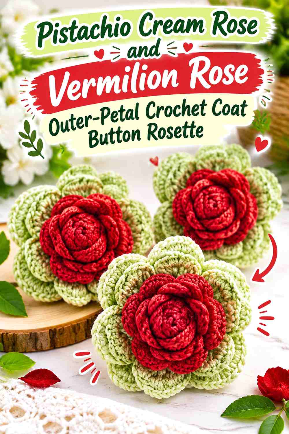 Pistachio Cream Rose and Vermilion Rose Outer-Petal Crochet Coat Button Rosette