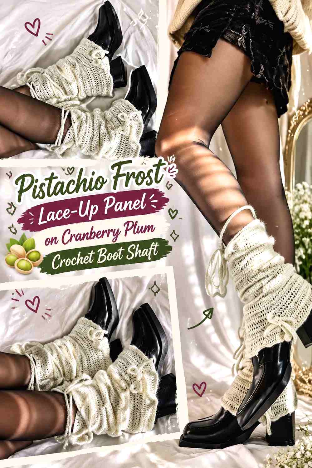 Pistachio Frost Lace-Up Panel on Cranberry Plum Crochet Boot Shaft