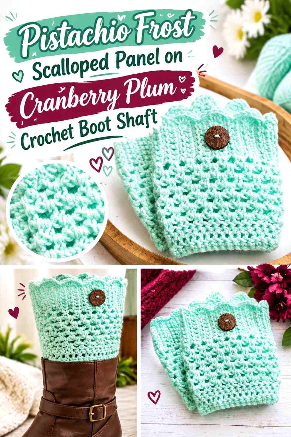 Pistachio Frost Scalloped Panel on Cranberry Plum Crochet Boot Shaft