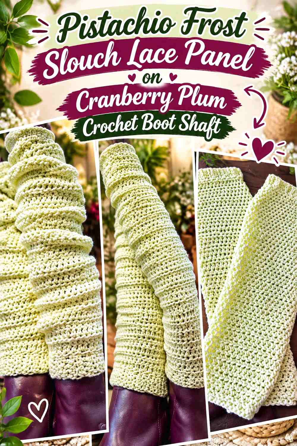 Pistachio Frost Slouch Lace Panel on Cranberry Plum Crochet Boot Shaft