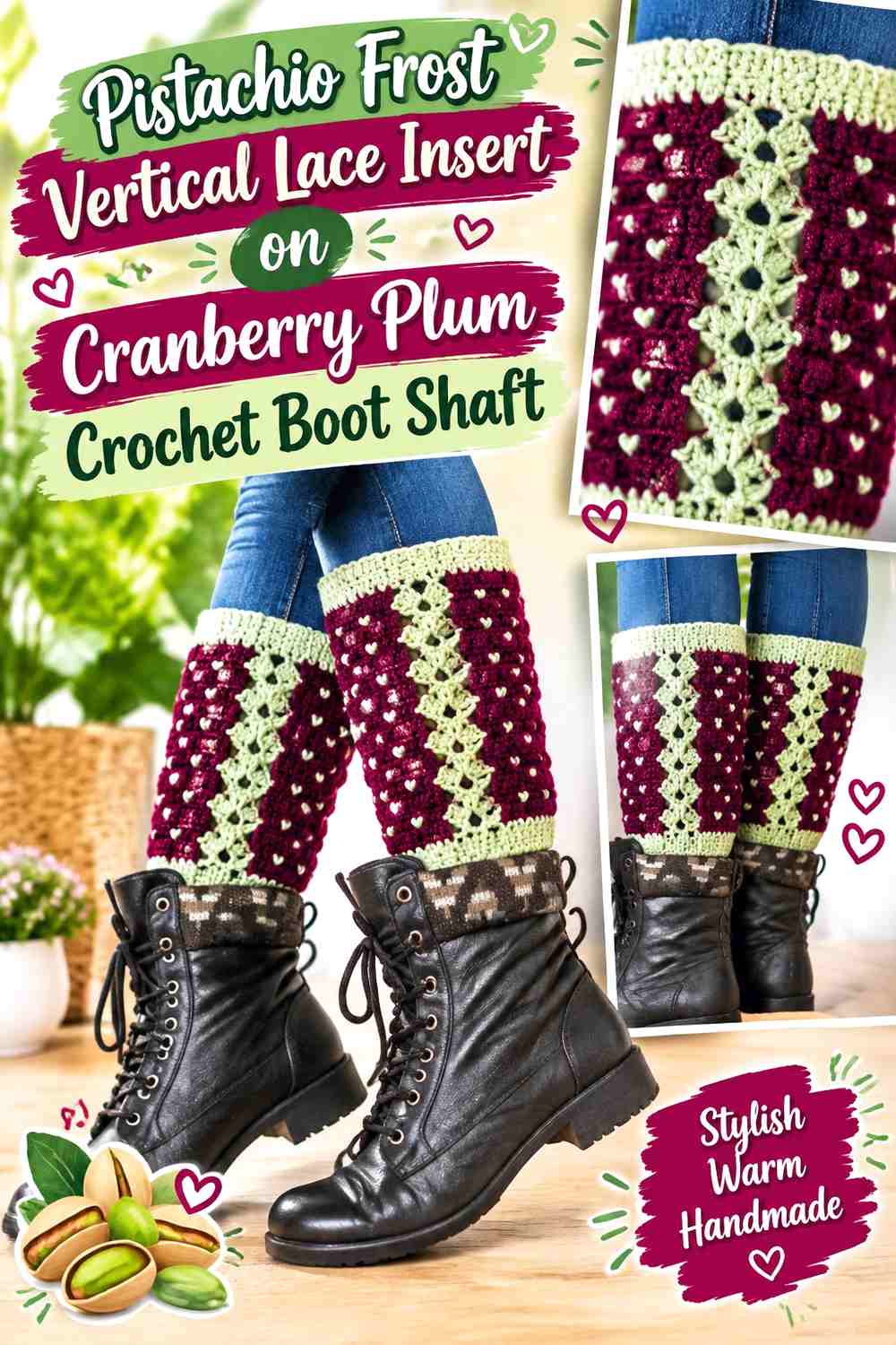 Pistachio Frost Vertical Lace Insert on Cranberry Plum Crochet Boot Shaft