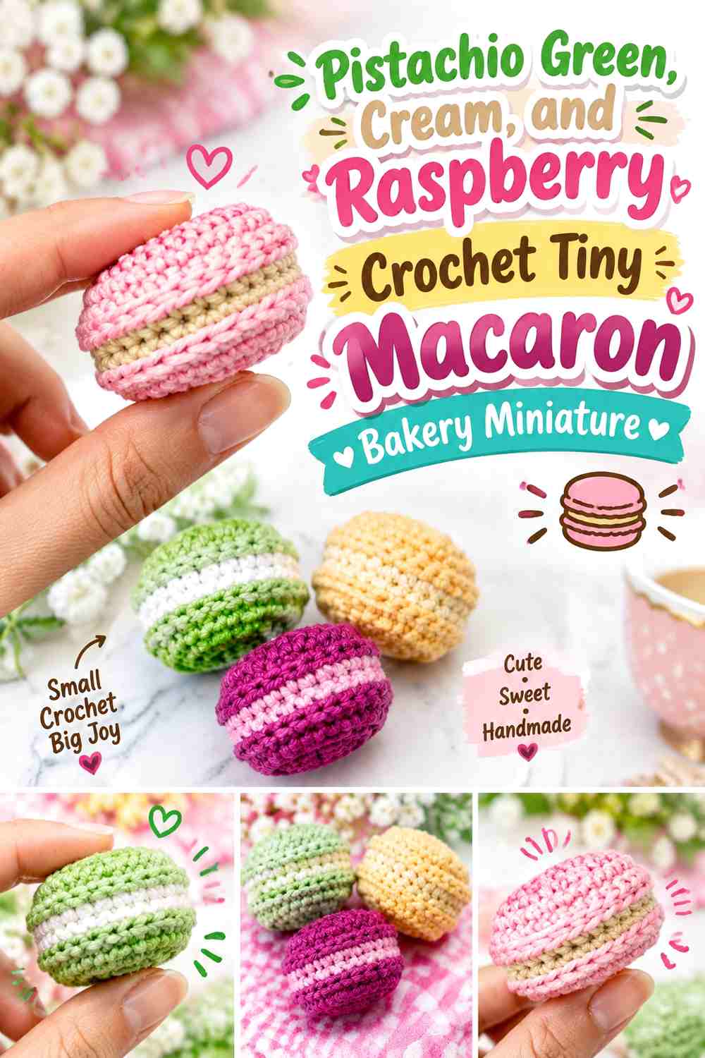 Pistachio Green, Cream, and Raspberry Crochet Tiny Macaron Bakery Miniature